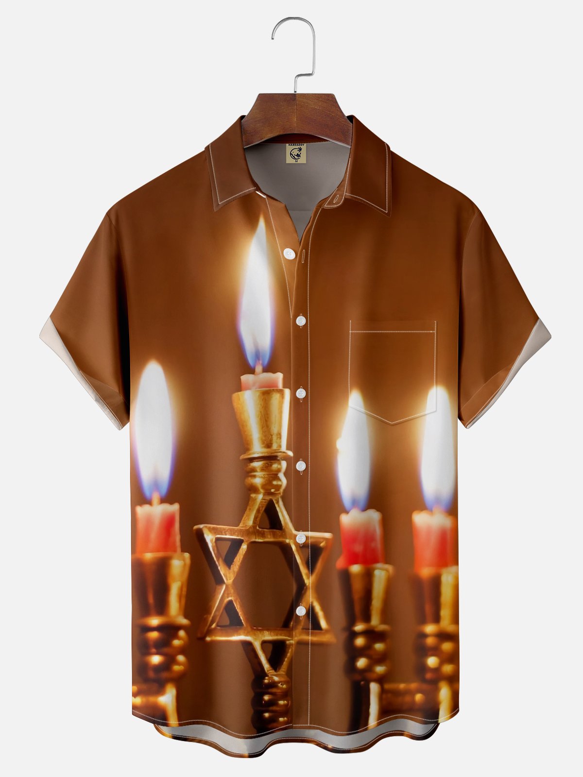 Moisture-wicking Hanukkah Menorah Candle Star of David Chest Pocket Casual Shirt