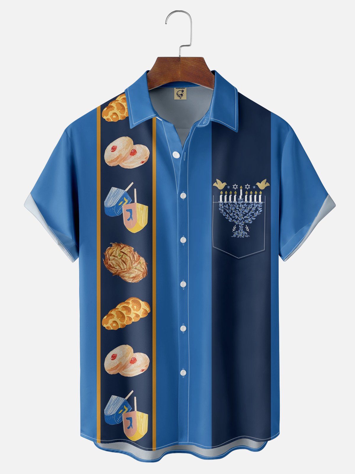 Moisture-wicking Hanukkah Menorah Chest Pocket Bowling Shirt