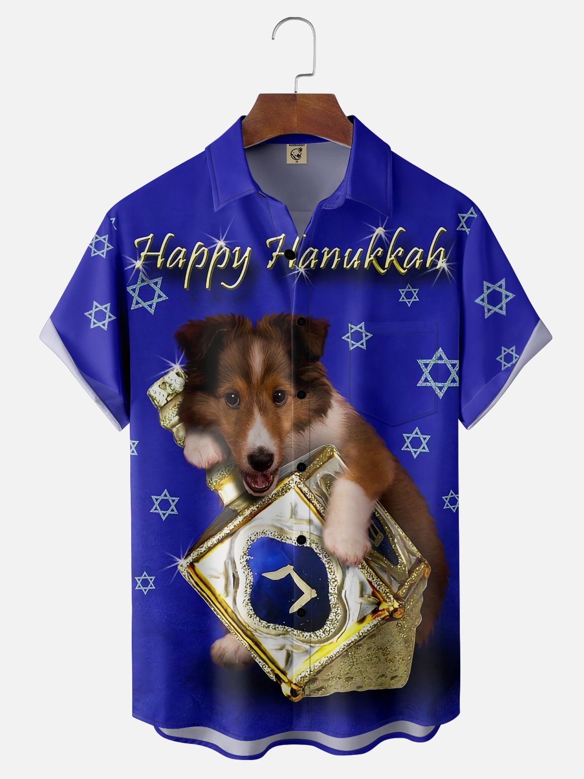 Moisture-wicking Hanukkah Dreidel Star of David Dog Chest Pocket Casual Shirt