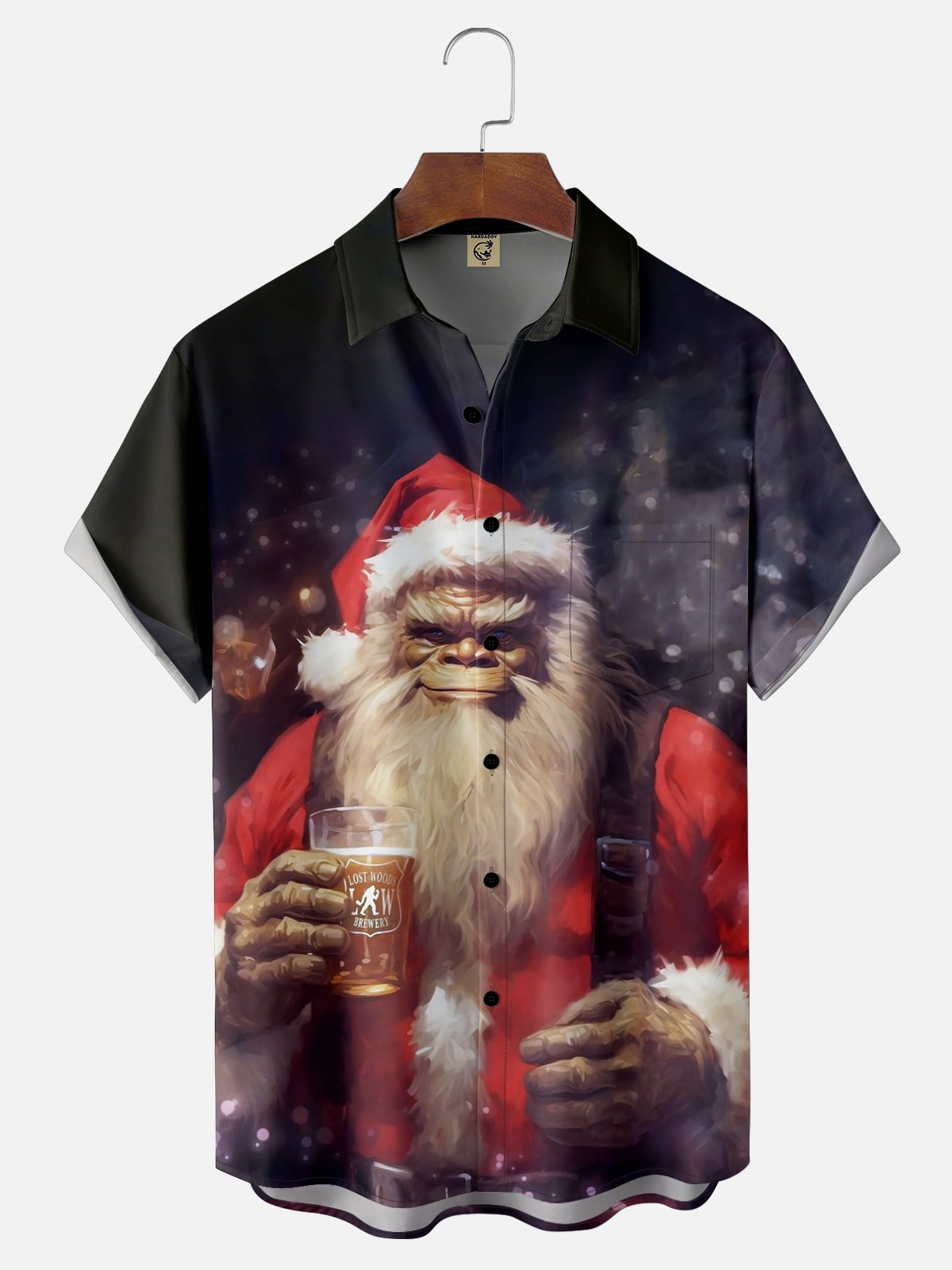 Moisture-wicking Christmas Santa Claus Bigfoot Chest Pocket Casual Shirt