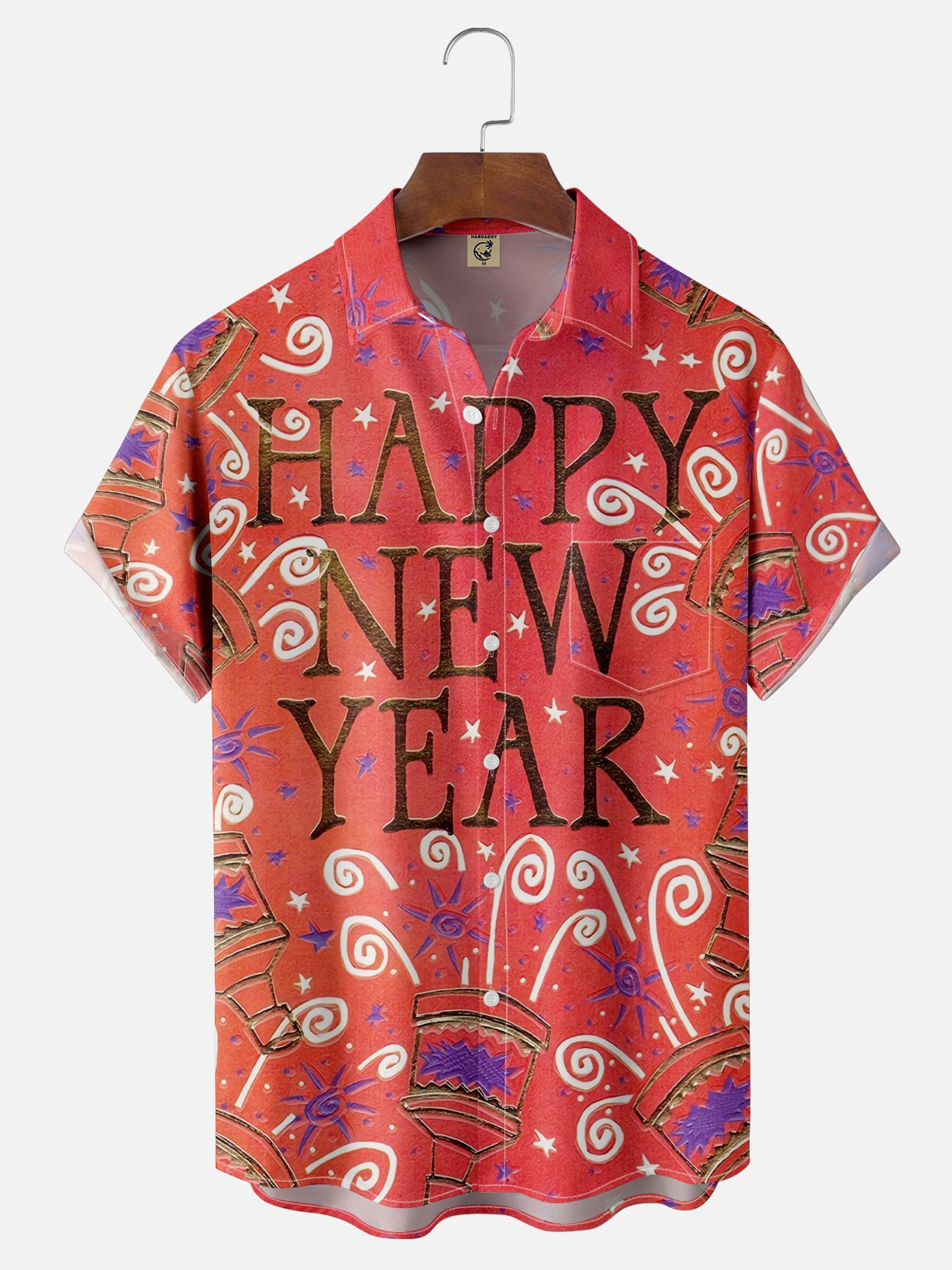 Moisture-wicking Happy New Year Chest Pocket Casual Shirt