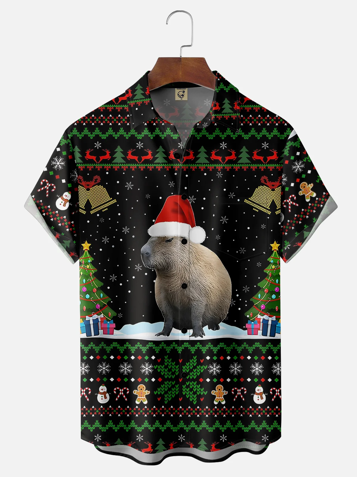 Moisture-wicking Christmas Capybara Chest Pocket Casual Shirt