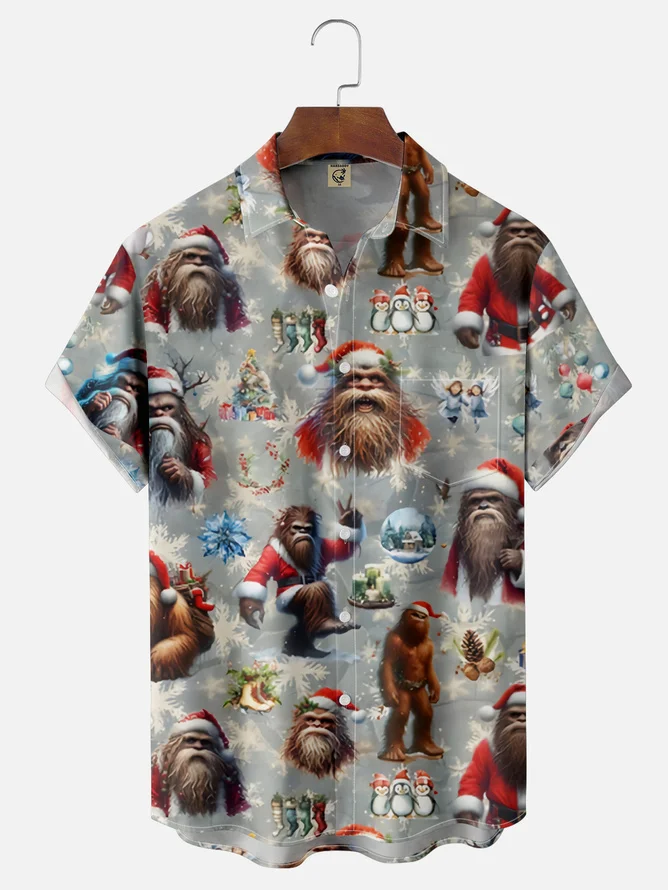 Tall Size Moisture Wicking Christmas Bigfoot Chest Pocket Hawaiian Shirt