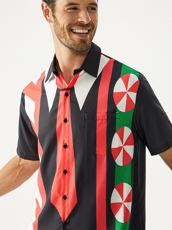 Chest Pocket Short Sleeve Ugly Christmas Shirt