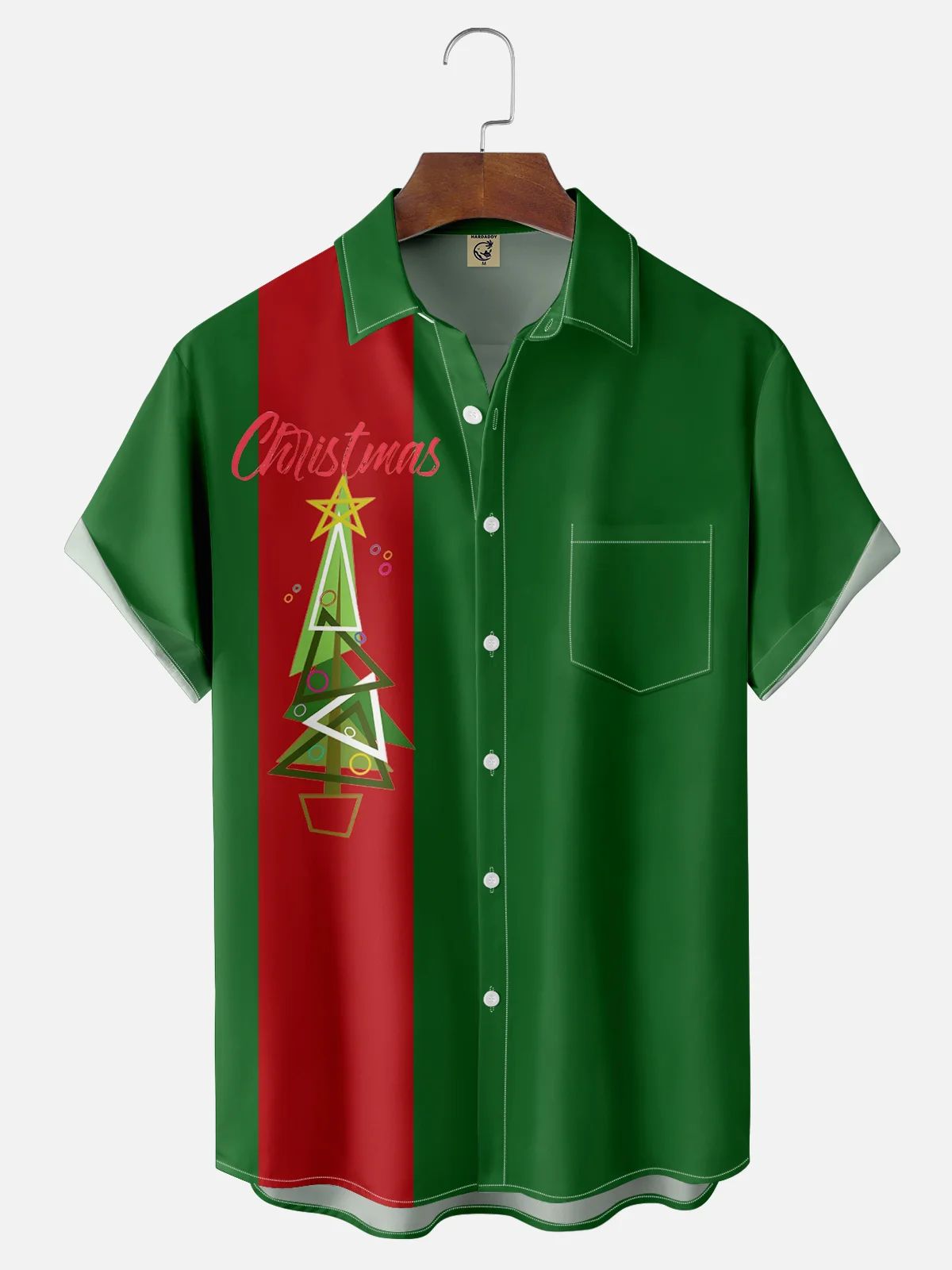 Moisture Wicking Christmas Tree Chest Pocket Bowling Shirt