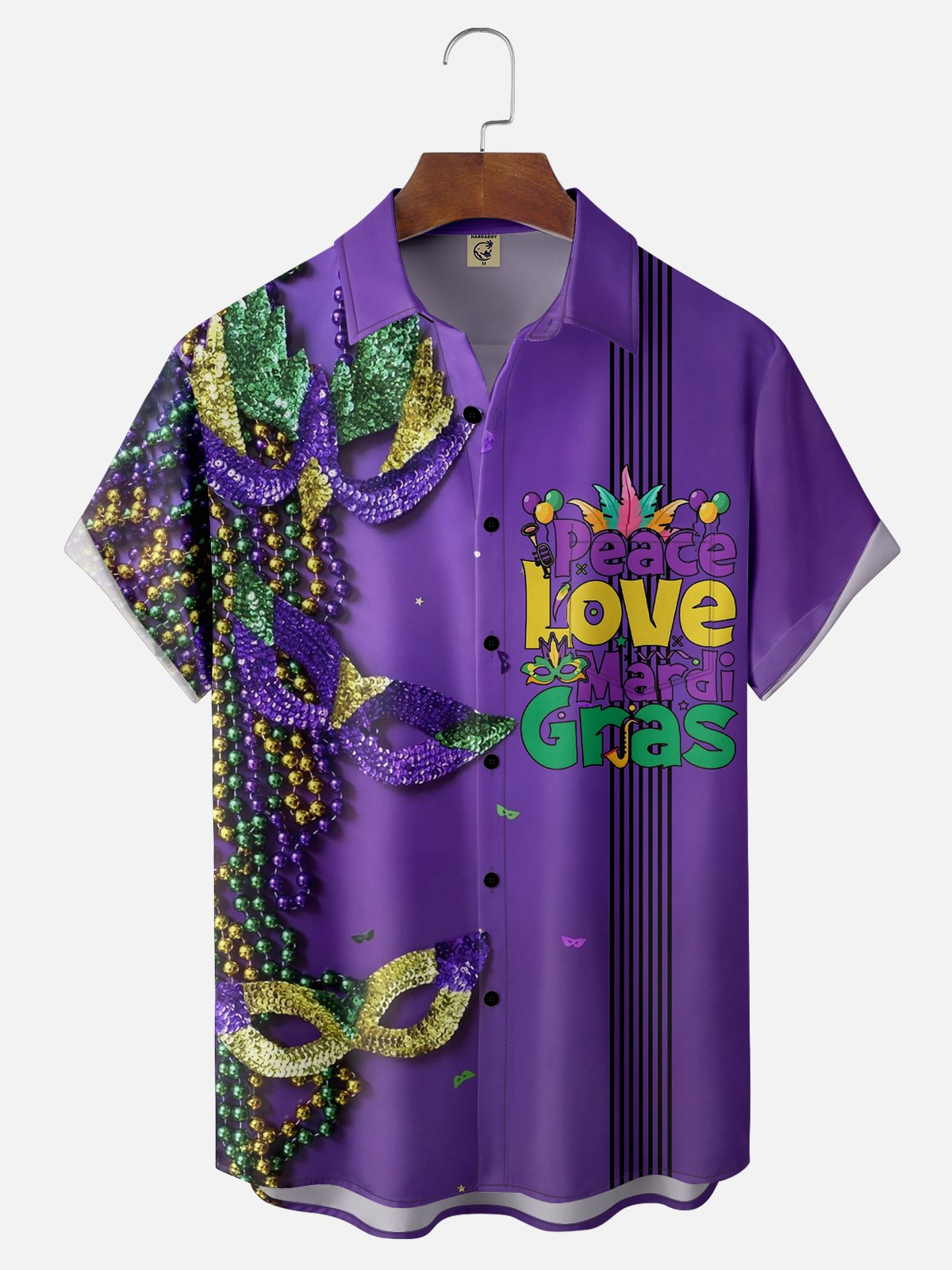 Moisture-wicking Mardi Gras Art Mask Purple Chest Pocket Hawaiian Shirt