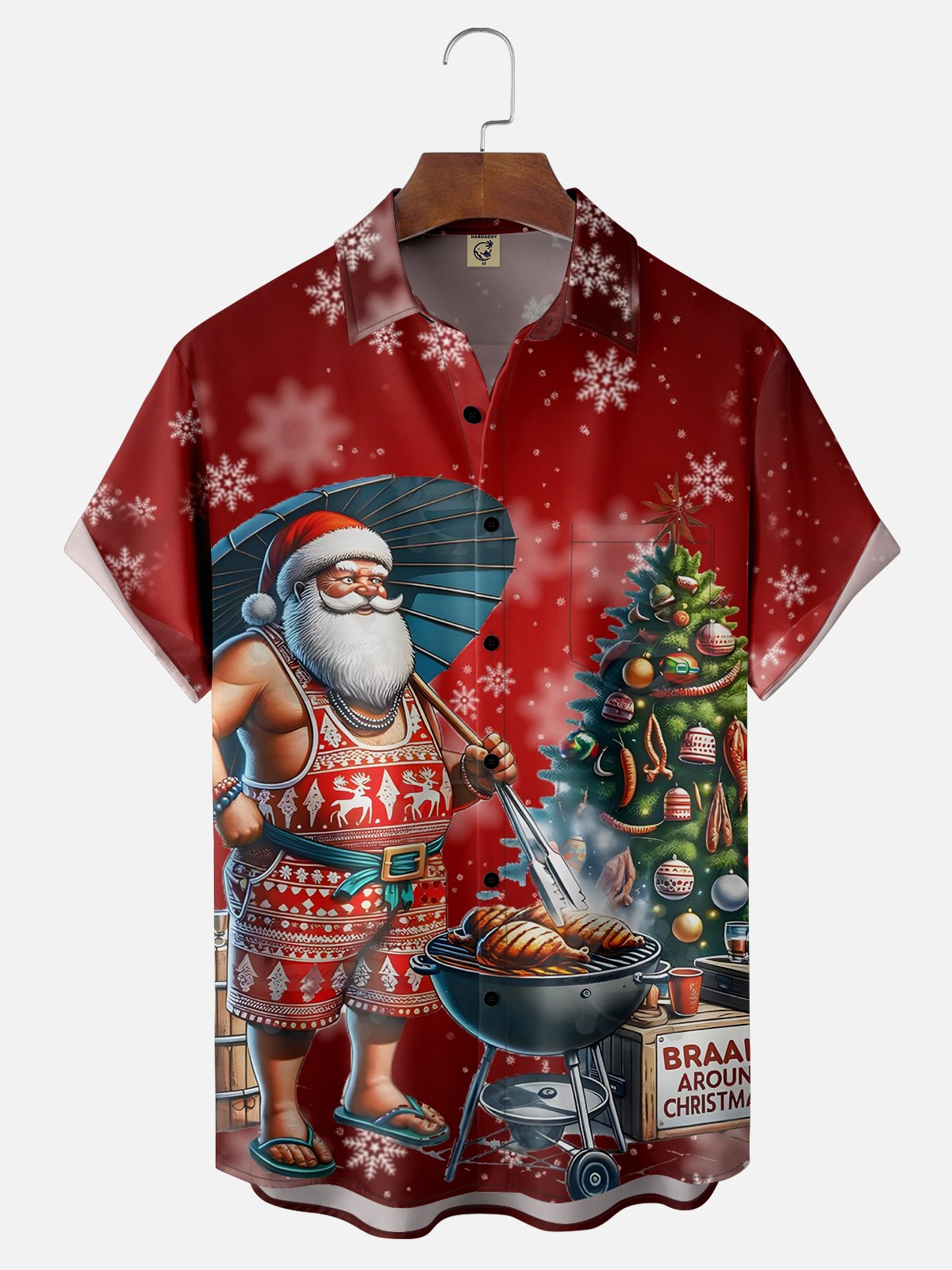 Moisture-wicking Christmas Santa BBQ Chest Pocket Hawaiian Shirt