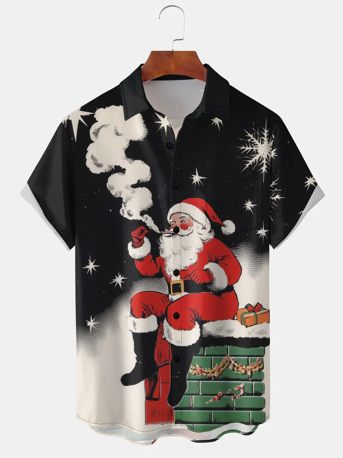 Moisture Wicking Christmas Santa Claus Chest Pocket Casual Shirt