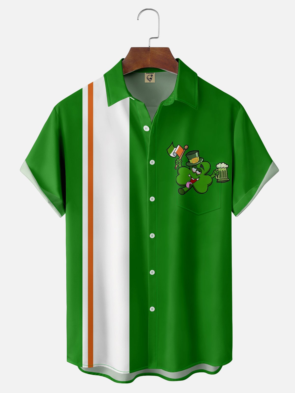 Moisture-wicking St. Patrick's Day Shamrock Beer Chest Pocket Bowling Shirt