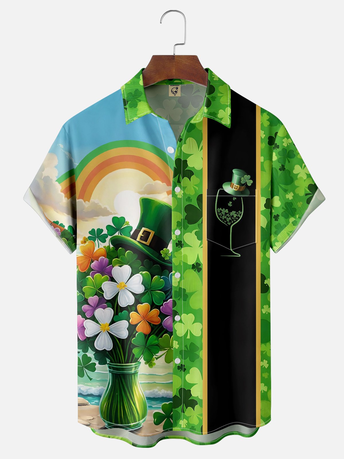 Moisture-wicking St. Patrick's Day Lucky Clover Stitching Chest Pocket Bowling Shirt