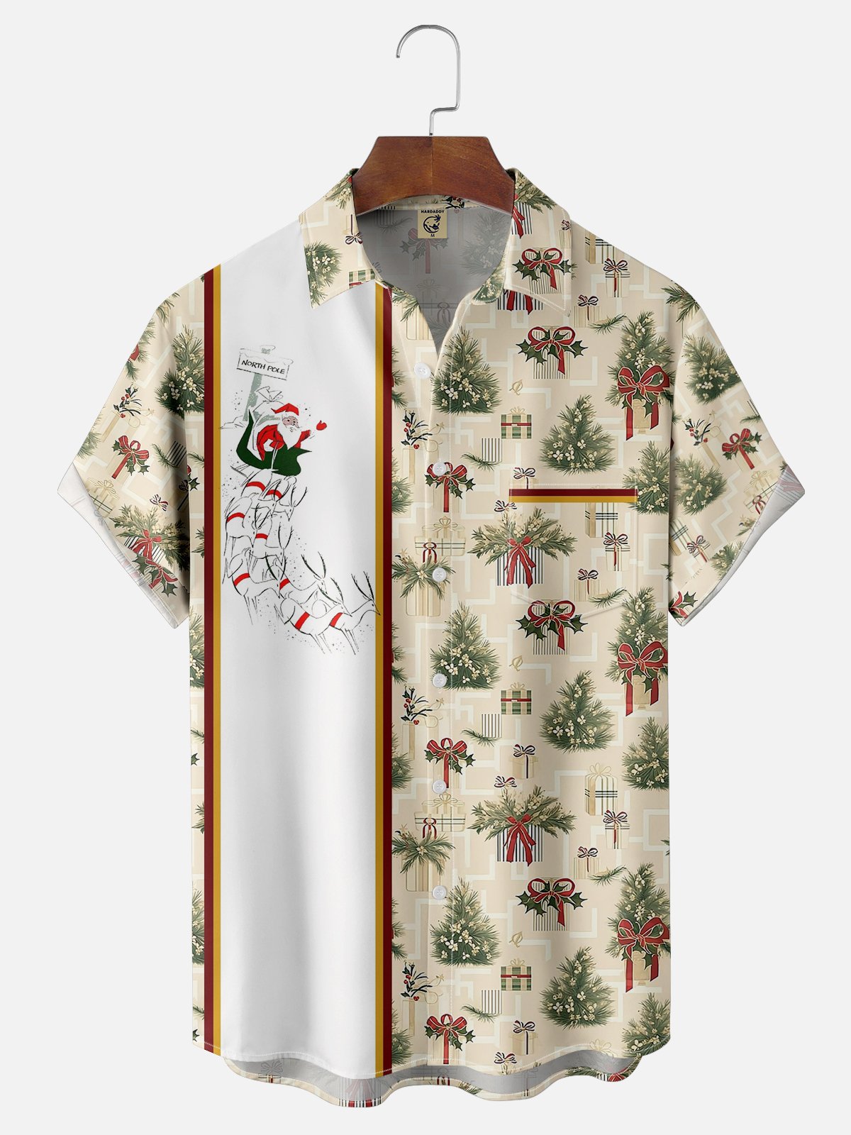 Moisture-wicking Christmas Santa Claus Classic Painting Chest Pocket Bowling Shirt