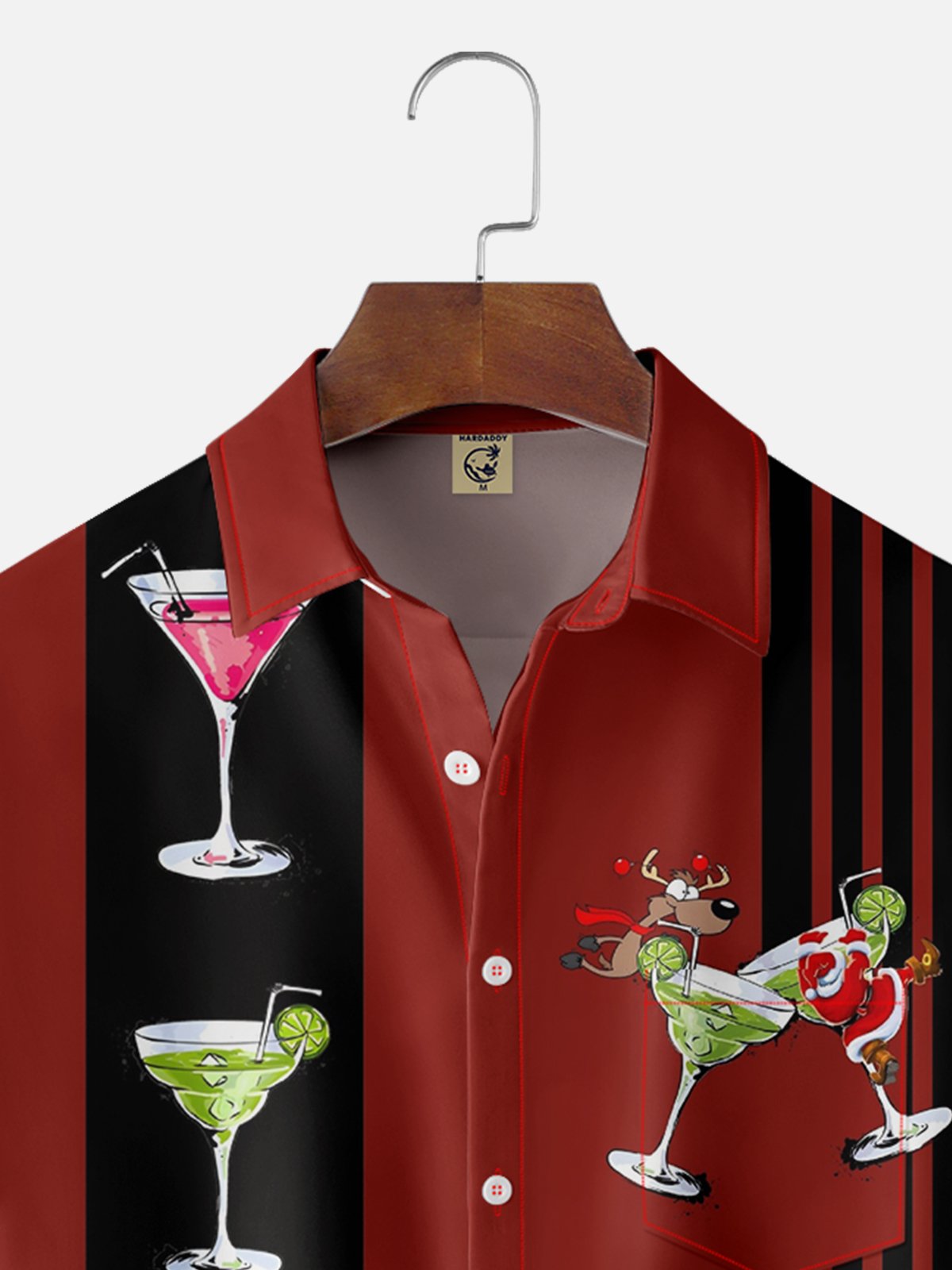 Moisture-wicking Christmas Santa Claus Elk Wine Glass Chest Pocket Bowling Shirt