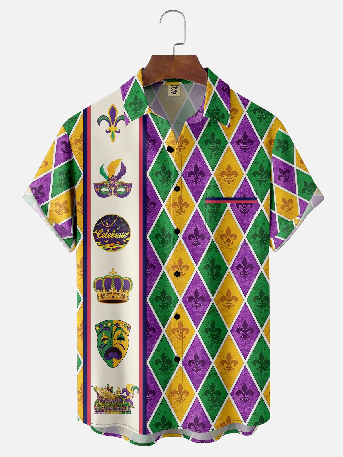 Moisture-wicking Mardi Gras Plaid Art Mask Chest Pocket Bowling Shirt