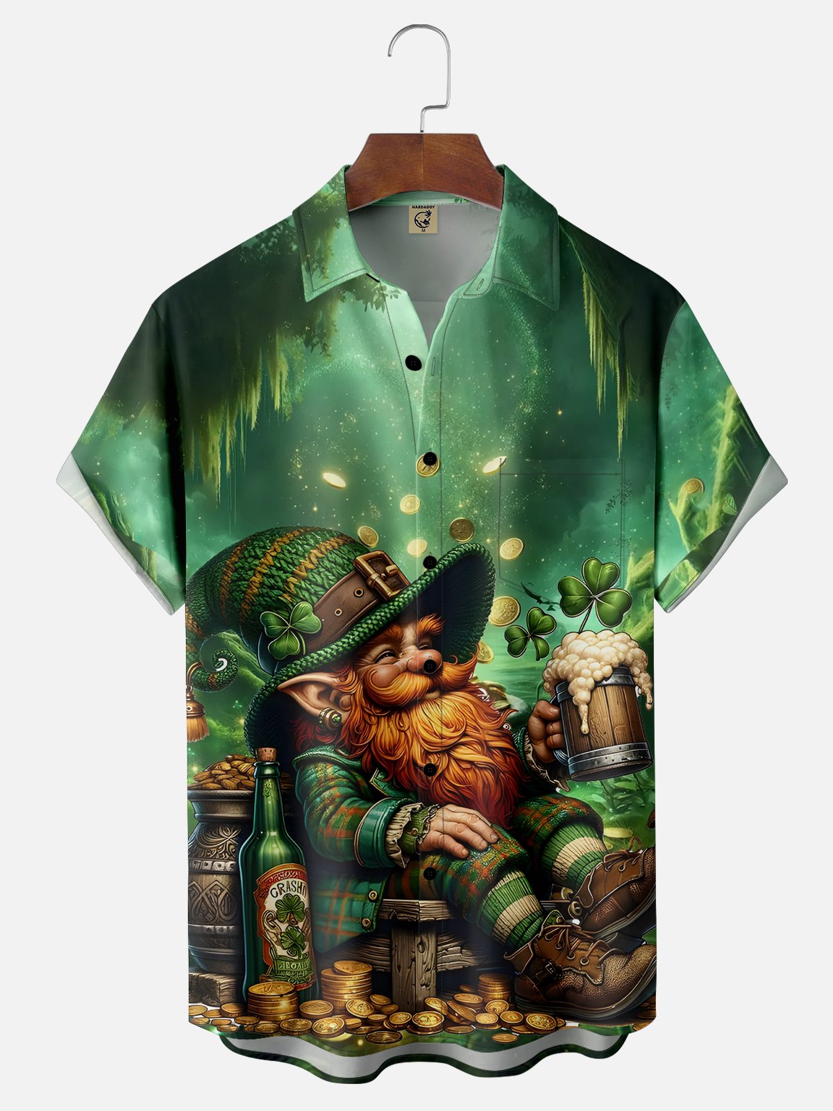 Moisture-wicking Lucky St. Patrick's Day Gnome Beer and Gold Coin Chest Pocket Hawaiian Shirt