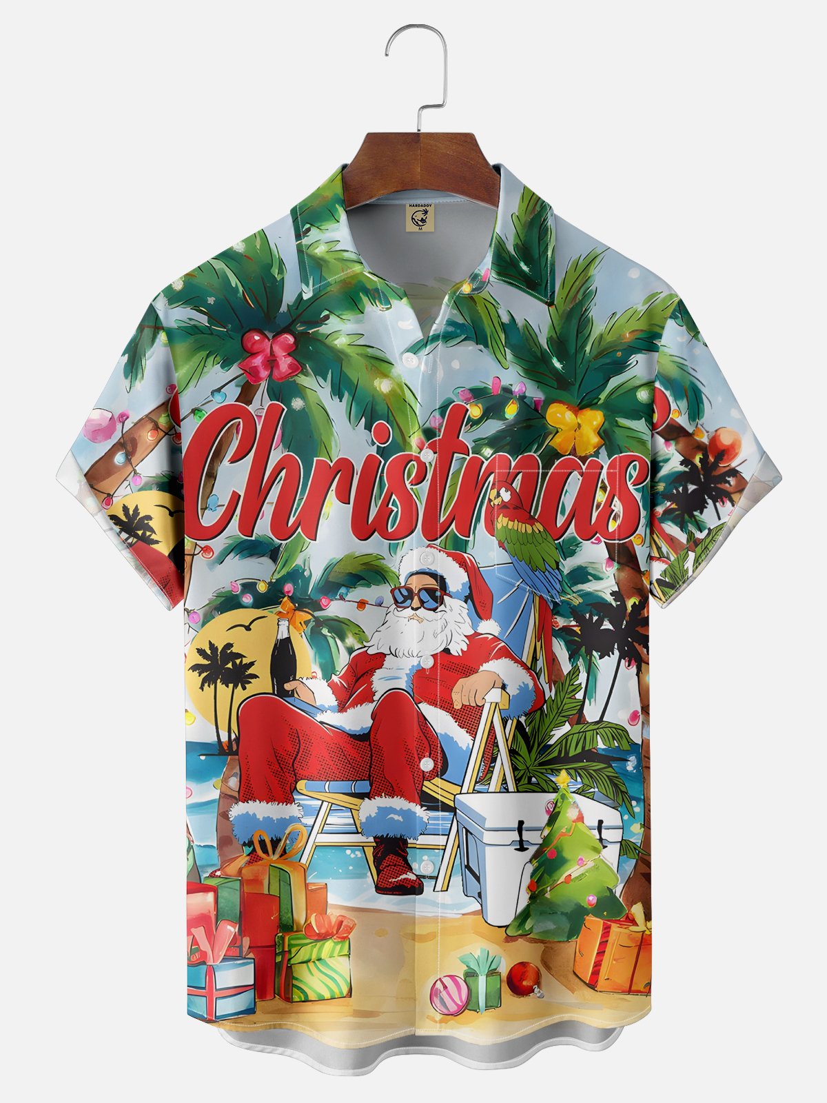 Moisture-wicking Christmas Santa Coconut Tree Beach Chest Pocket Casual Shirt