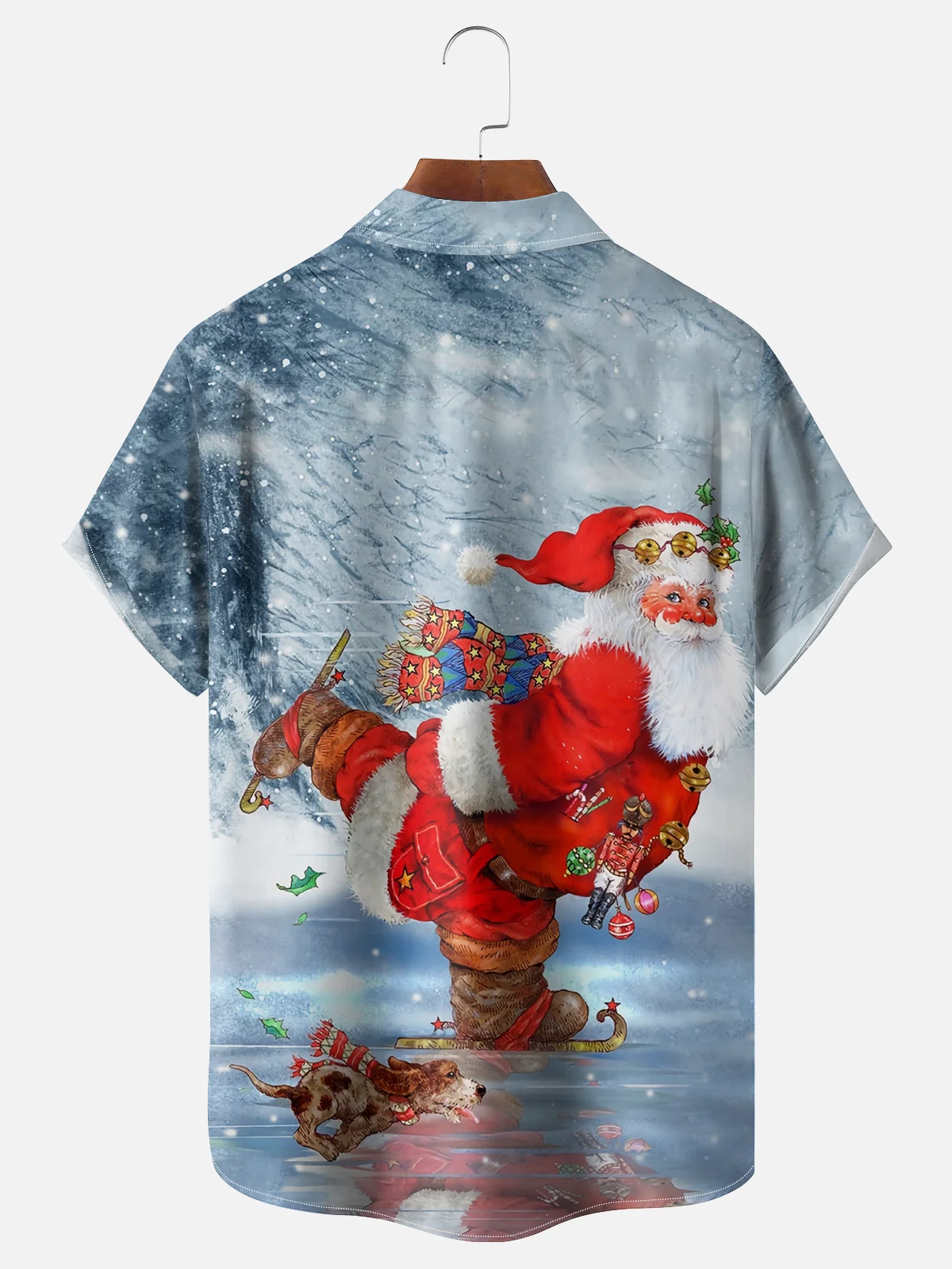 Moisture Wicking Christmas Skating Santa Claus Chest Pocket Casual Shirt