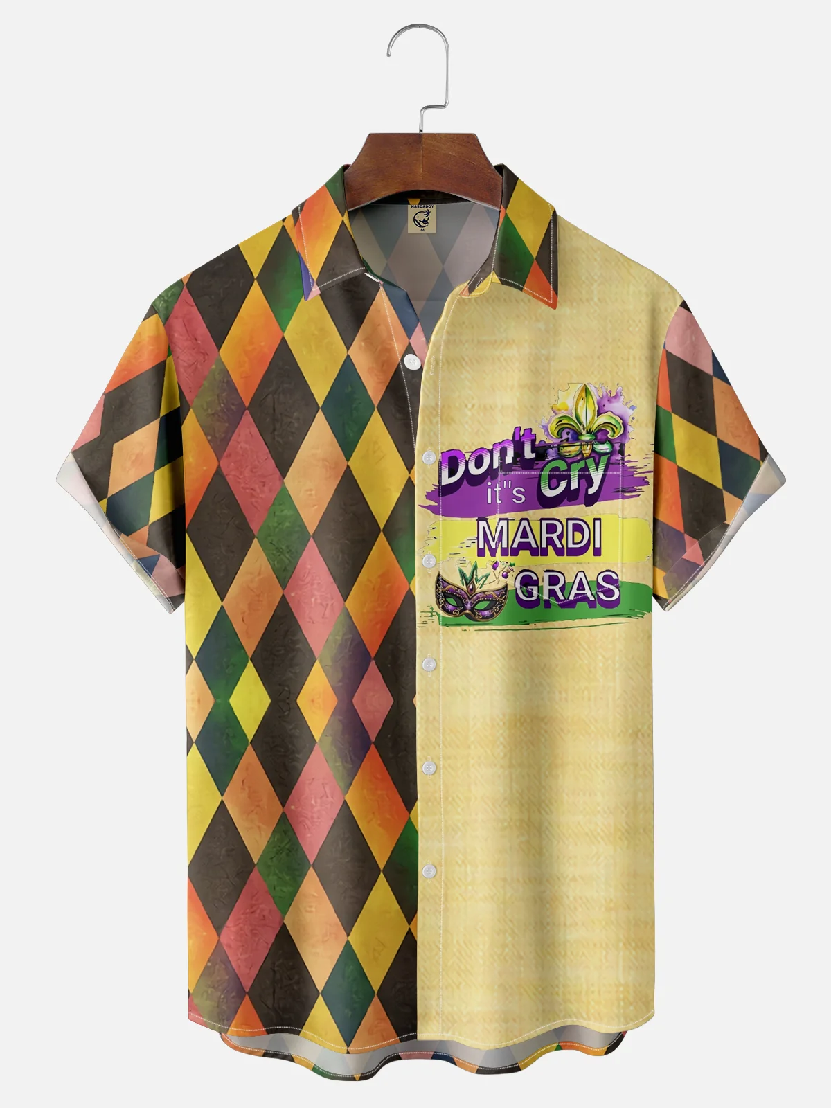 Moisture Wicking Mardi Gras Mask Chest Pocket Hawaiian Shirt