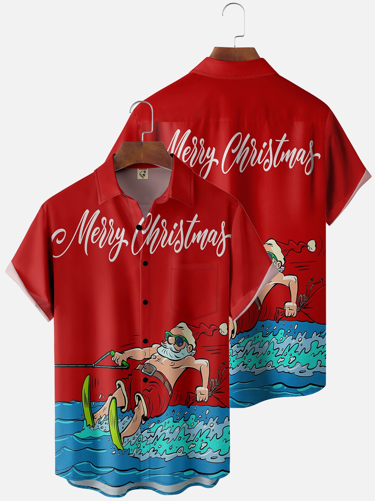 Moisture Wicking Christmas Surfing Santa Chest Pocket Casual Shirt