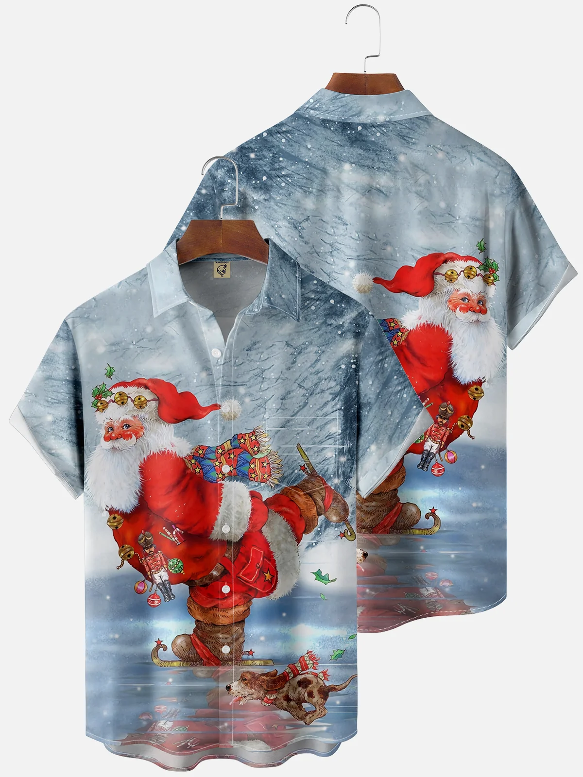 Moisture Wicking Christmas Skating Santa Claus Chest Pocket Casual Shirt