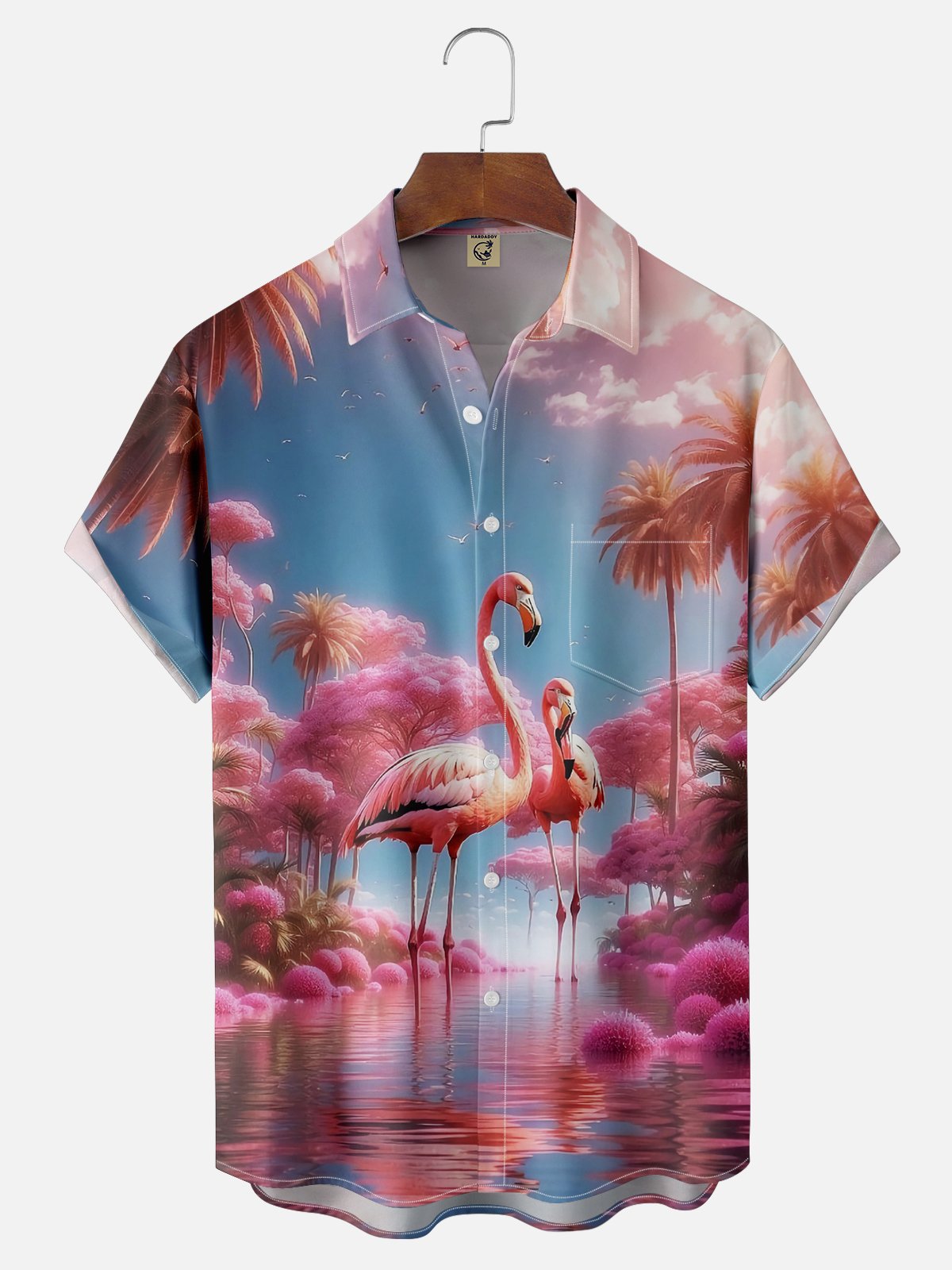 Moisture-wicking Palm Tree Flamingo Chest Pocket Hawaiian Shirt