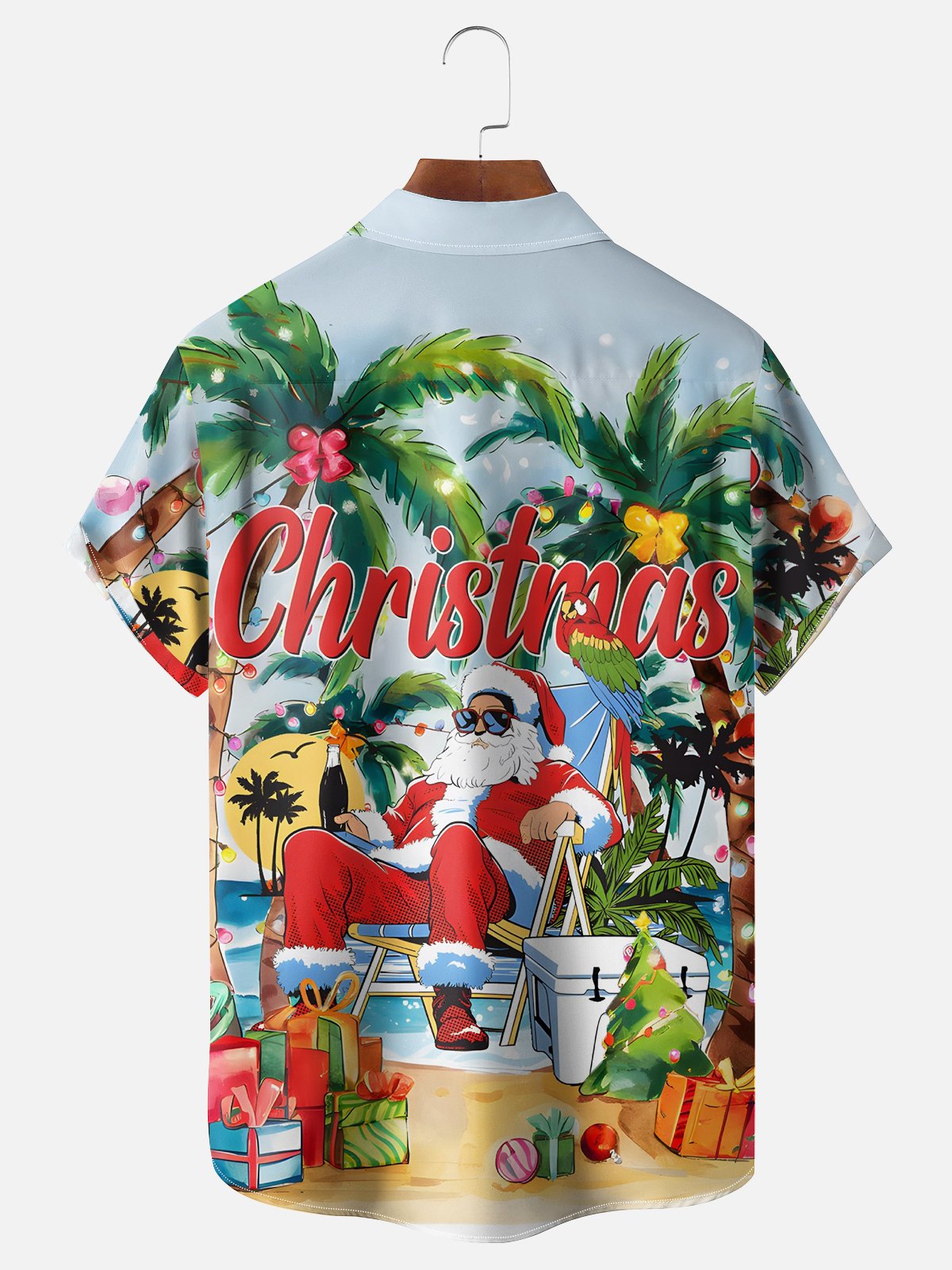 Moisture-wicking Christmas Santa Coconut Tree Beach Chest Pocket Casual Shirt