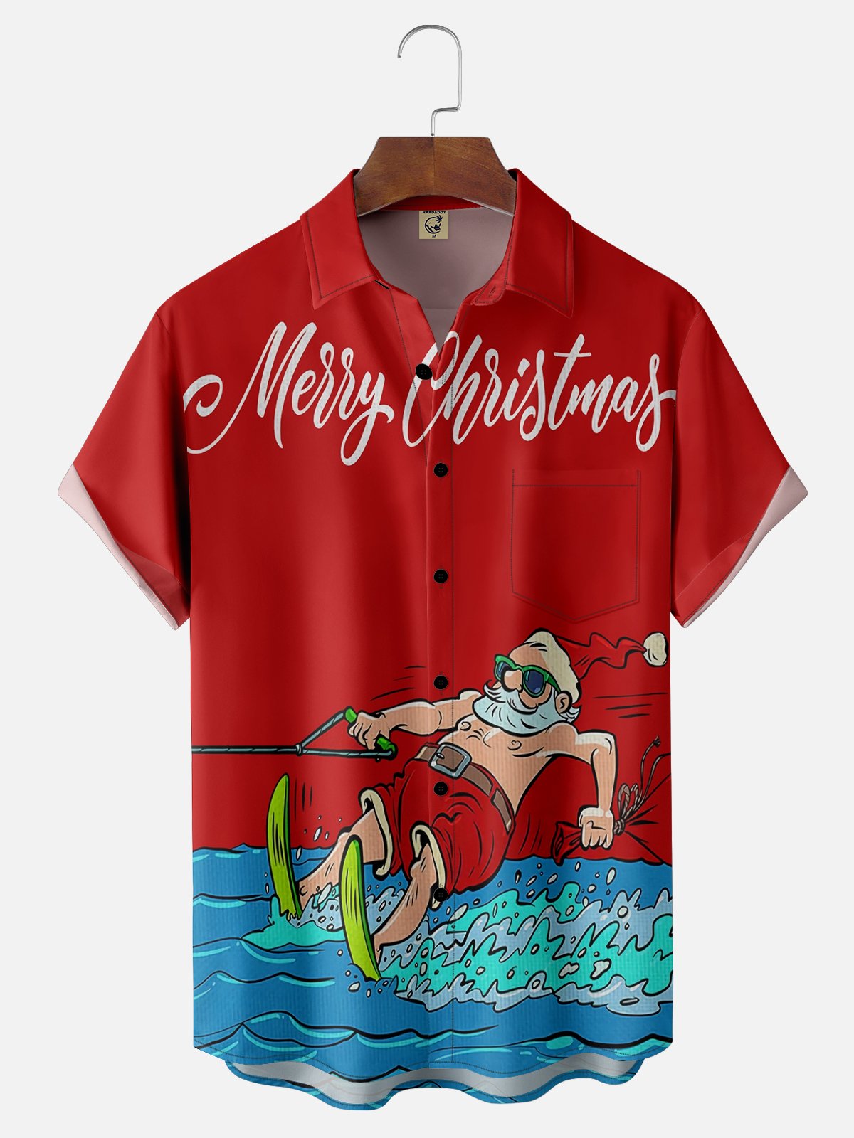 Moisture Wicking Christmas Surfing Santa Chest Pocket Casual Shirt