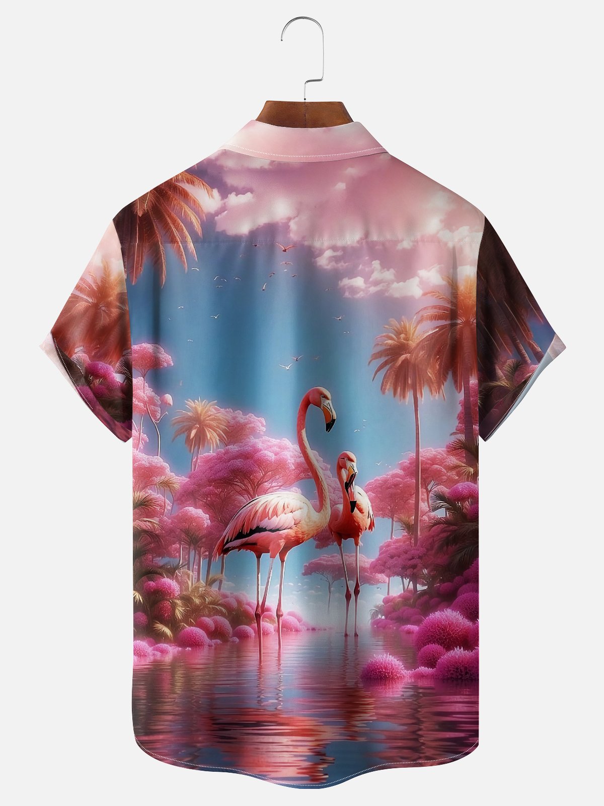 Moisture-wicking Palm Tree Flamingo Chest Pocket Hawaiian Shirt