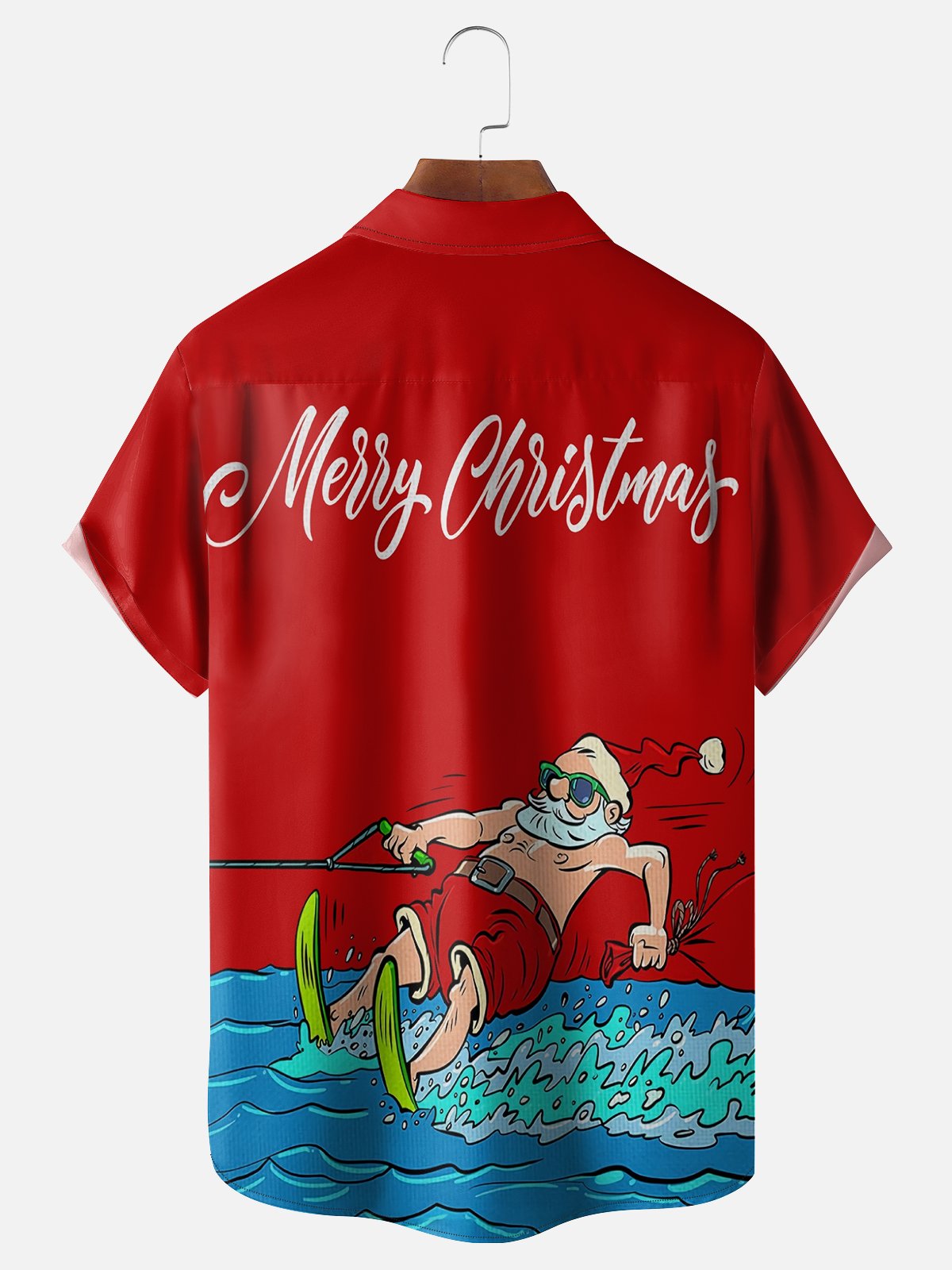 Moisture Wicking Christmas Surfing Santa Chest Pocket Casual Shirt