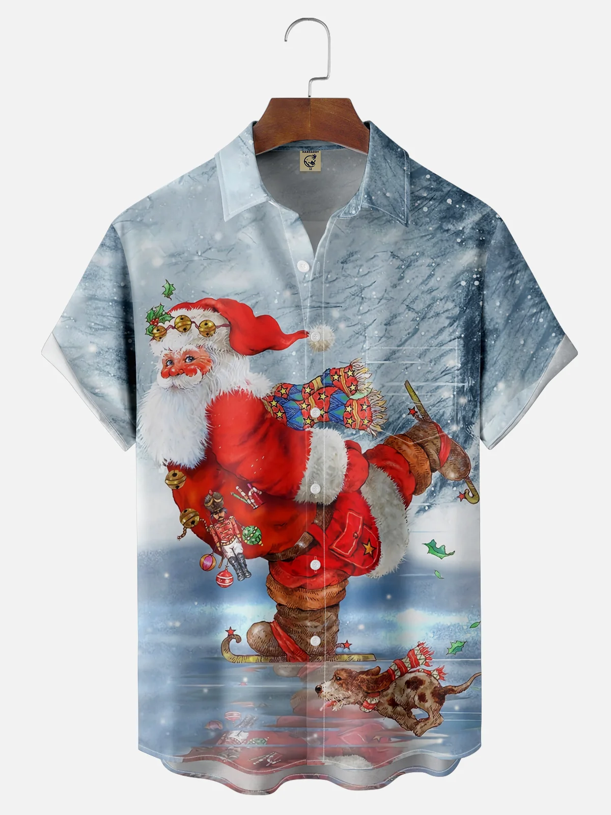 Moisture Wicking Christmas Skating Santa Claus Chest Pocket Casual Shirt