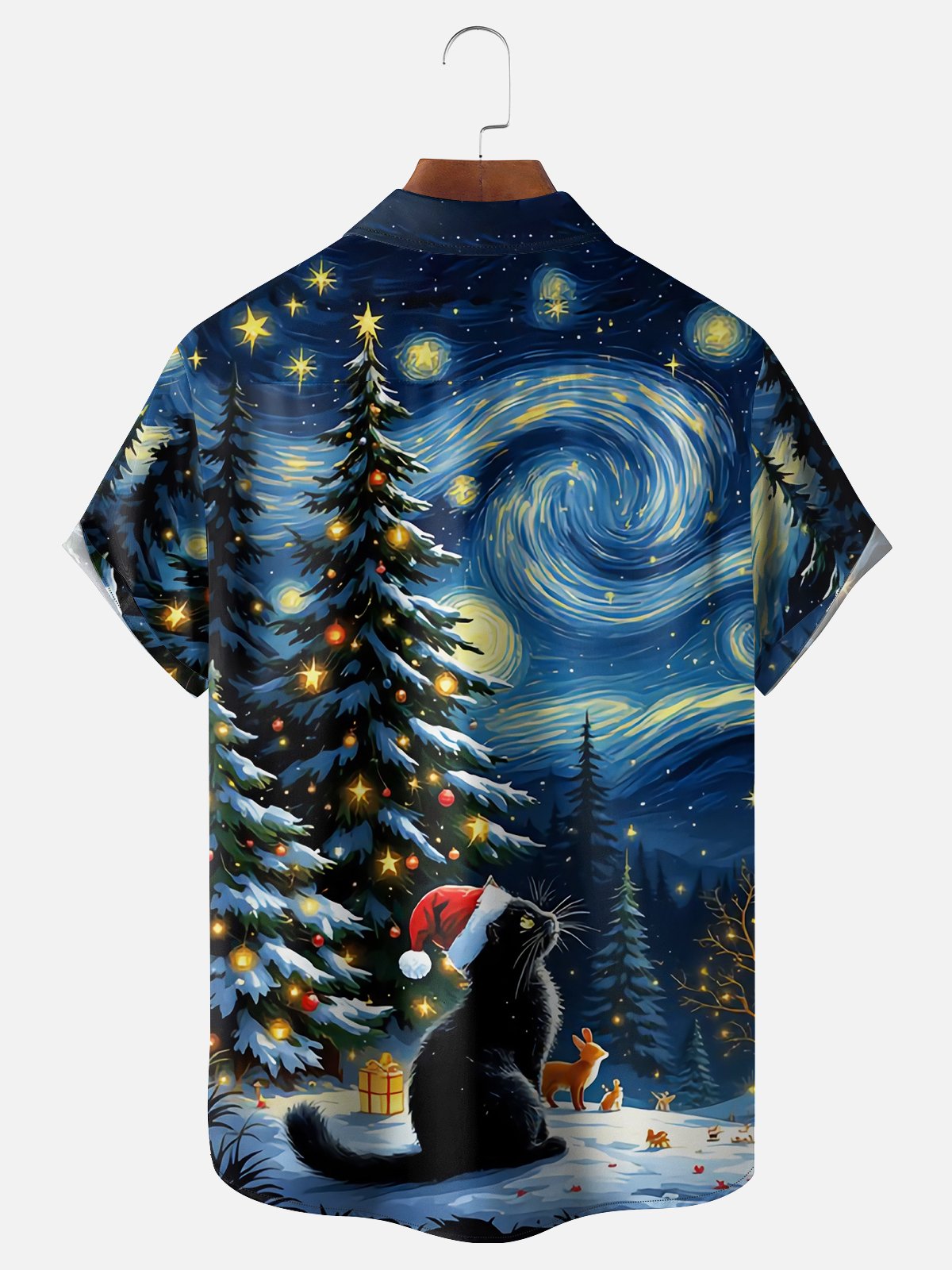 Moisture-wicking Christmas Starry Night Cat Chest Pocket Casual Shirt