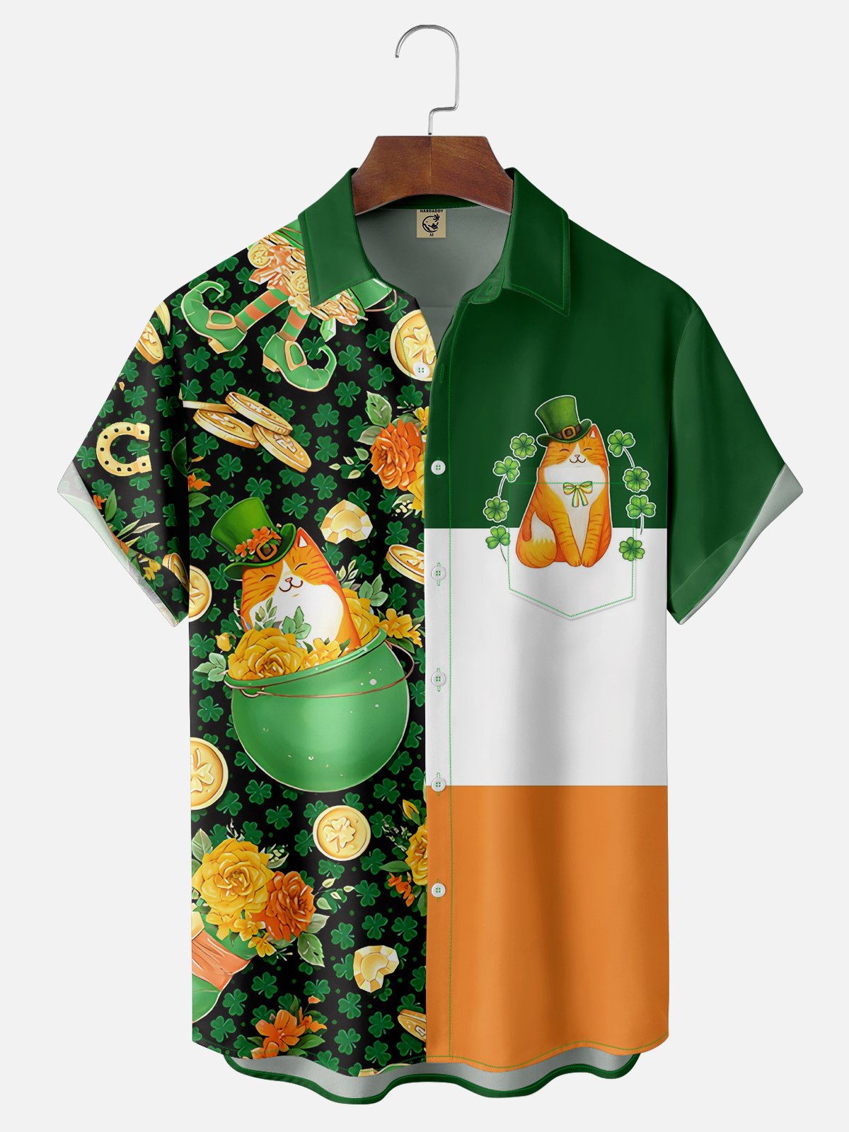 Moisture-wicking St. Patrick's Day Shamrock Cat Chest Pocket Casual Shirt