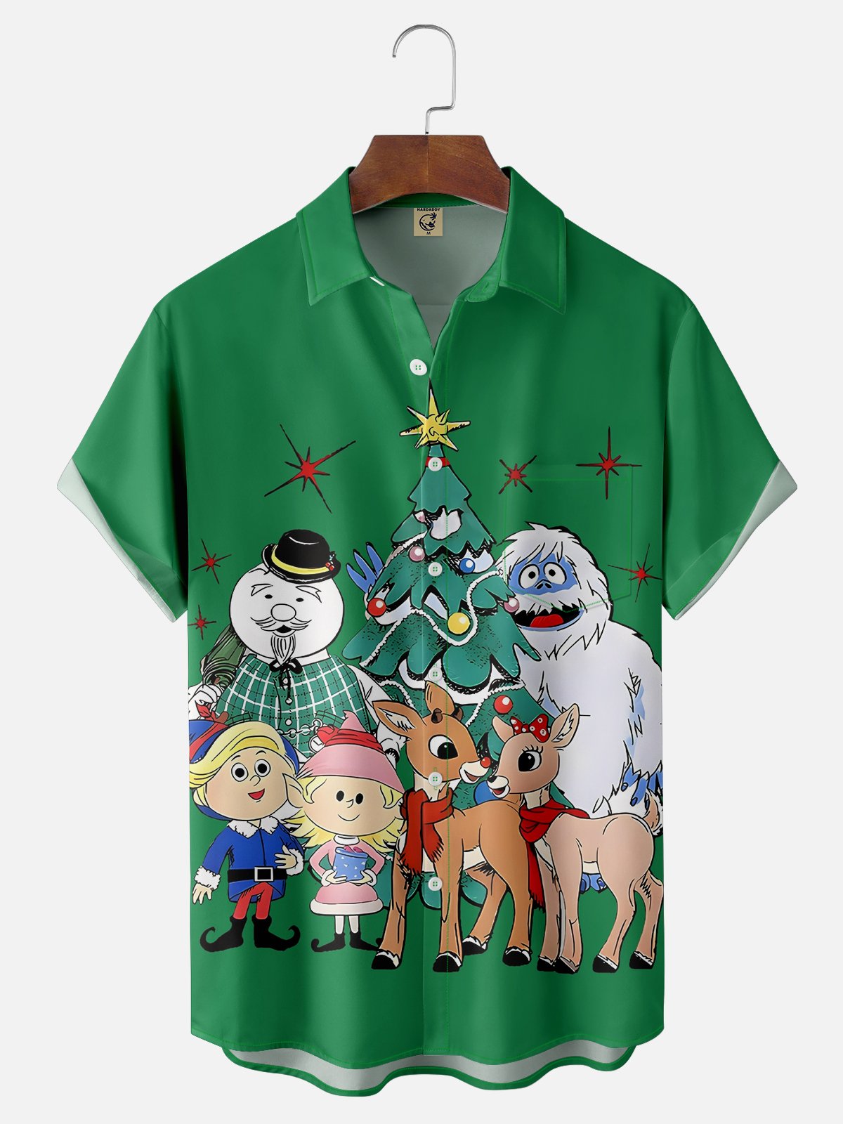 Moisture-wicking Christmas Red Nose Elk Cartoon Chest Pocket Casual Shirt