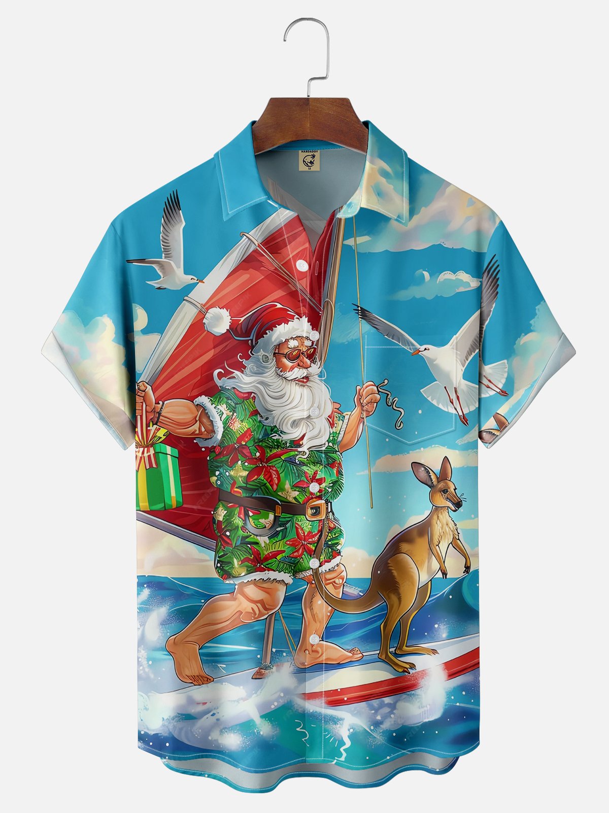 Moisture Wicking Christmas Santa Claus Australian Kangaroo Chest Pocket Casual Shirt