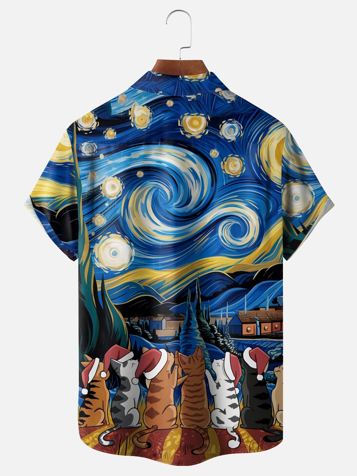 Moisture-wicking Christmas Starry Night Cats Chest Pocket Casual Shirt