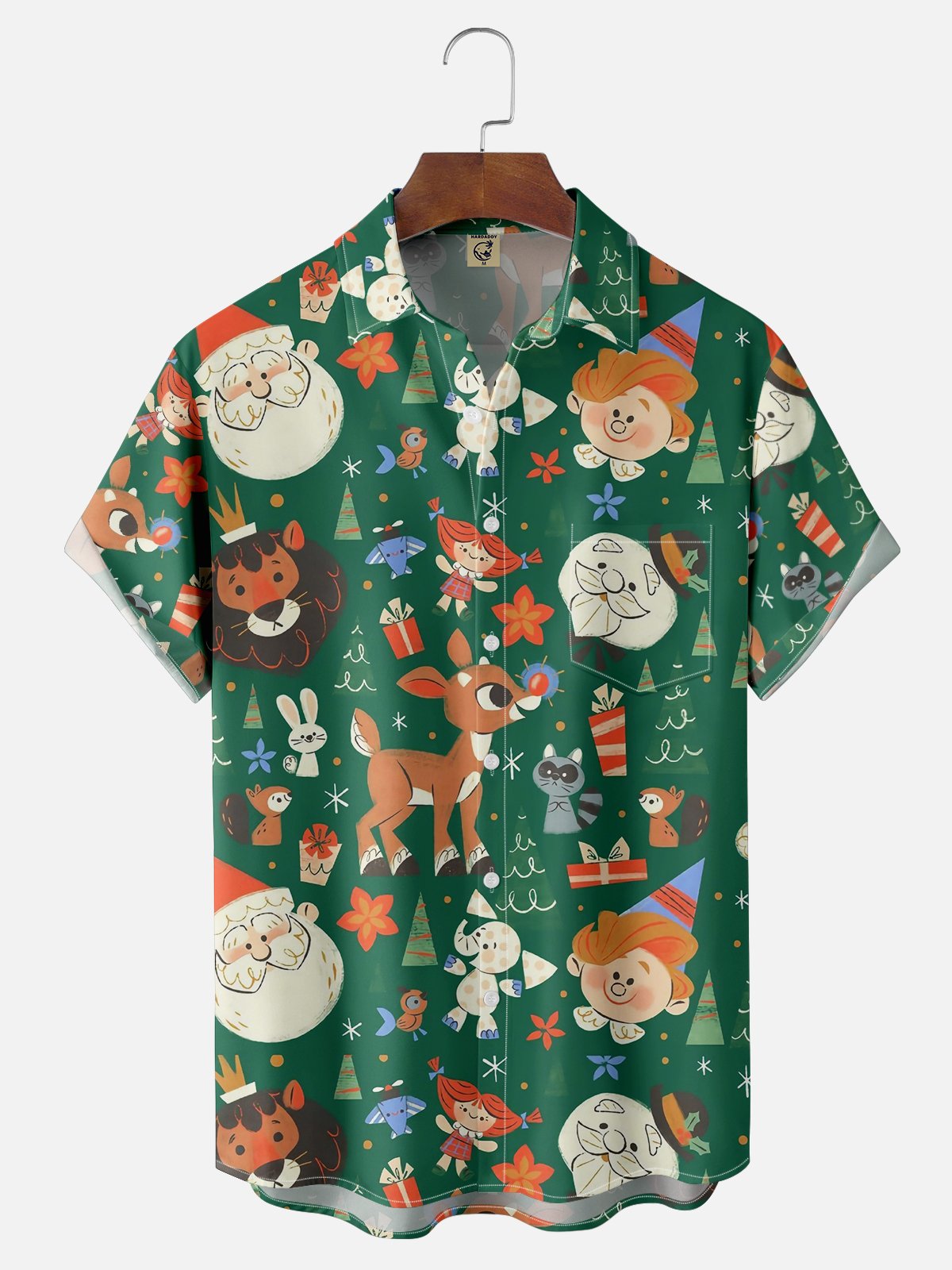 Moisture-wicking Christmas Red-Nosed Reindeer Cartoon Animals Chest Pocket Casual Shirt