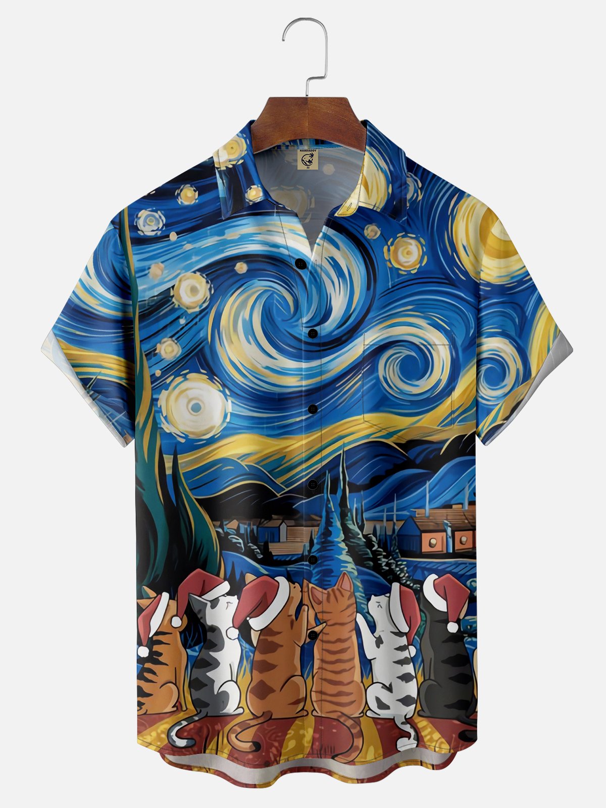 Moisture-wicking Christmas Starry Night Cats Chest Pocket Casual Shirt