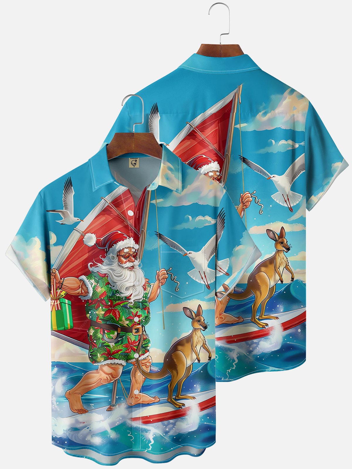 Moisture Wicking Christmas Santa Claus Australian Kangaroo Chest Pocket Casual Shirt