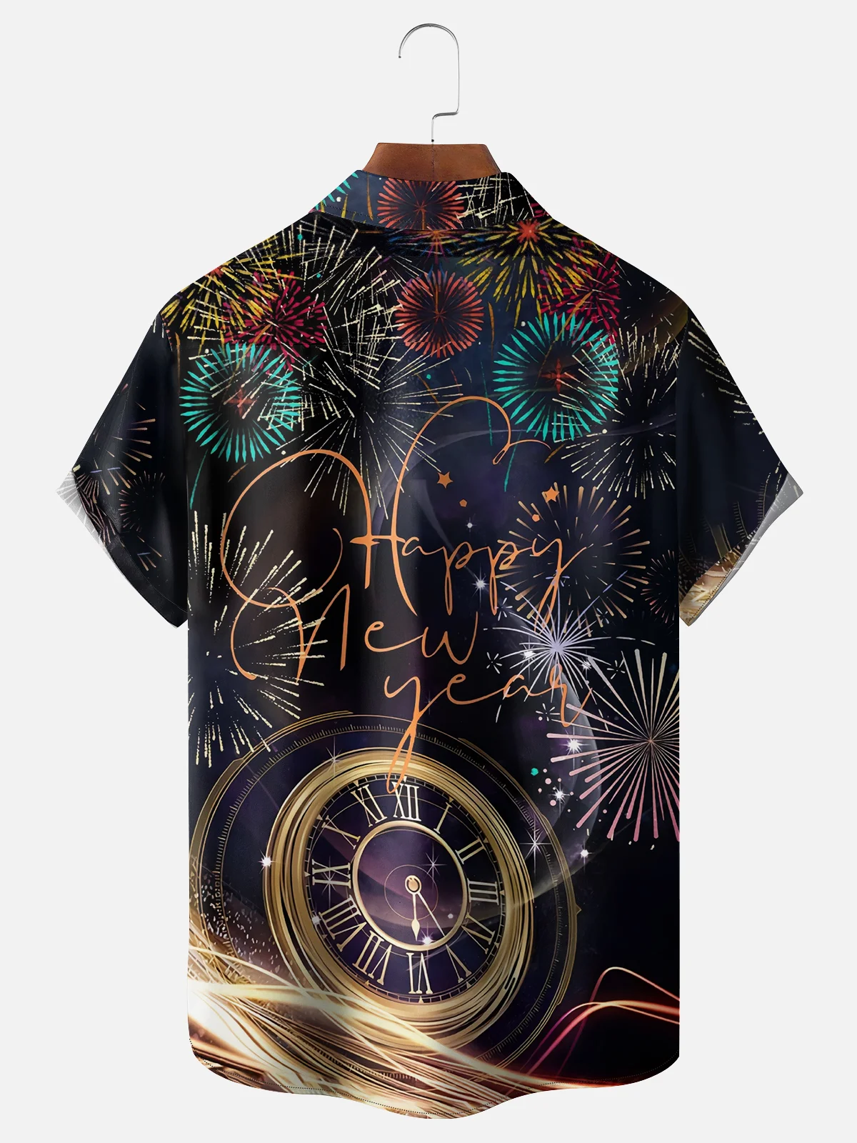 Moisture-wicking New Year Clock Fireworks Chest Pocket Casual Shirt