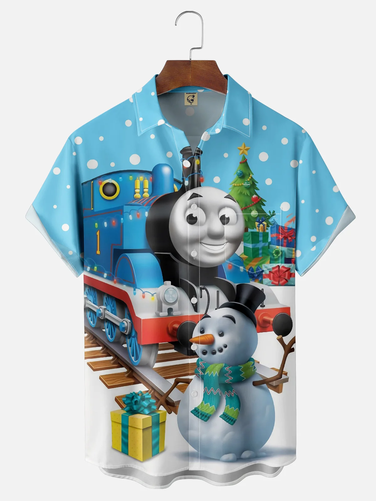 Moisture-wicking Christmas Train Snowman Chest Pocket Casual Shirt