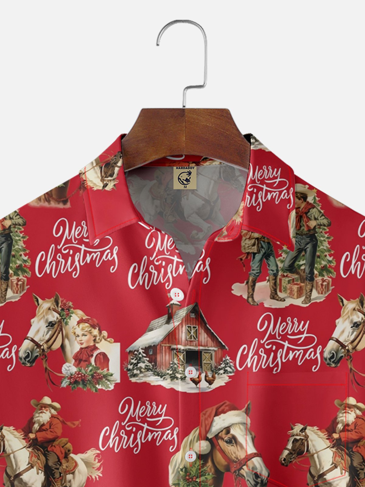 Moisture-wicking Christmas Santa Cowboy Chest Pocket Casual Shirt