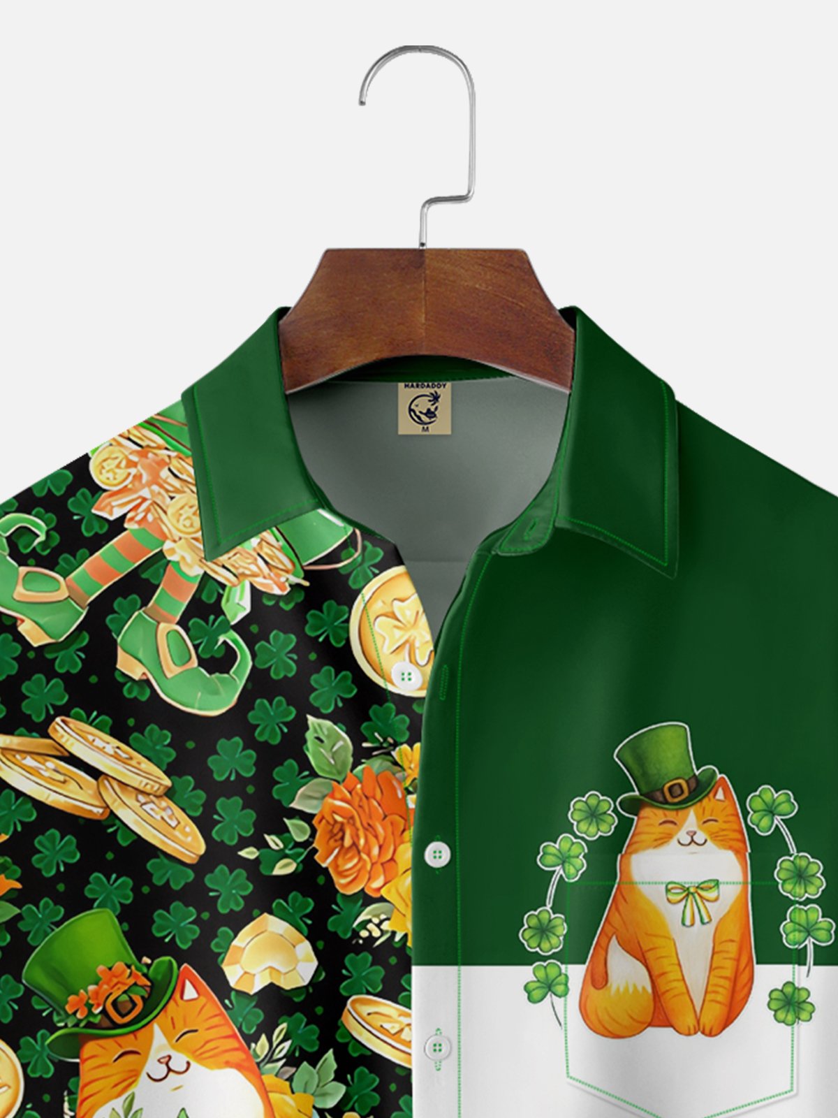 Moisture-wicking St. Patrick's Day Shamrock Cat Chest Pocket Casual Shirt