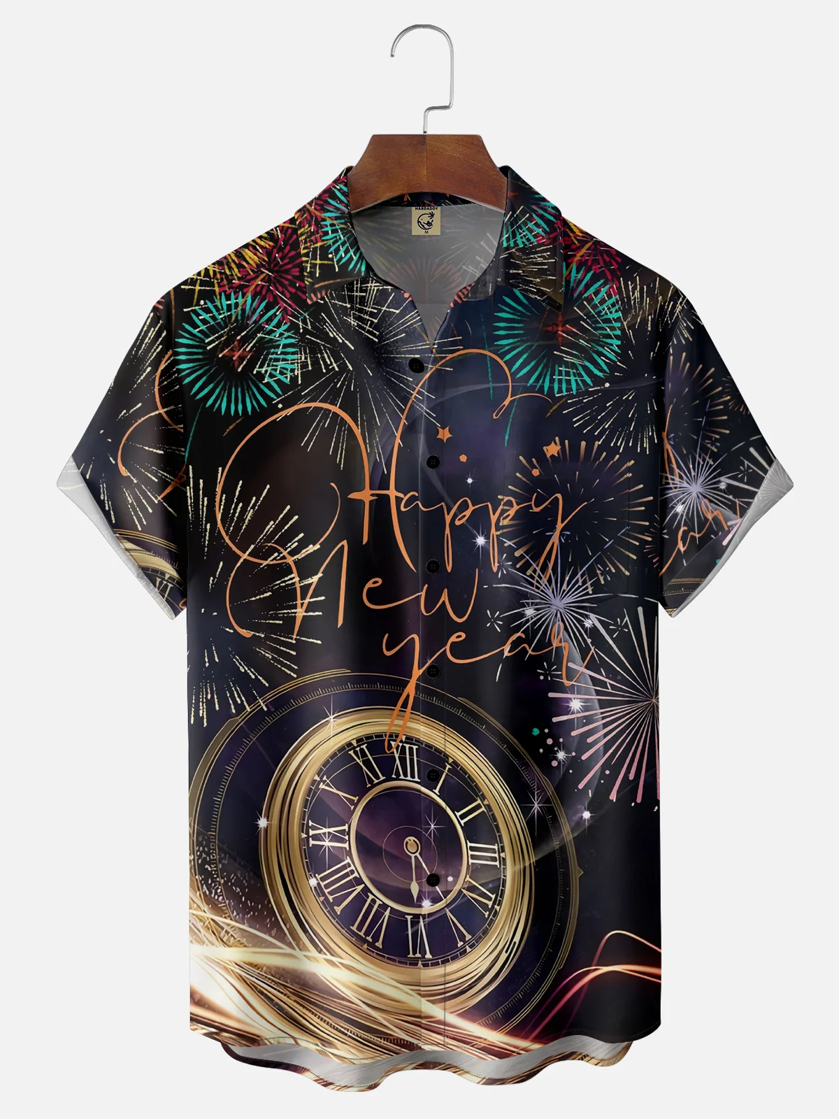 Moisture-wicking New Year Clock Fireworks Chest Pocket Casual Shirt