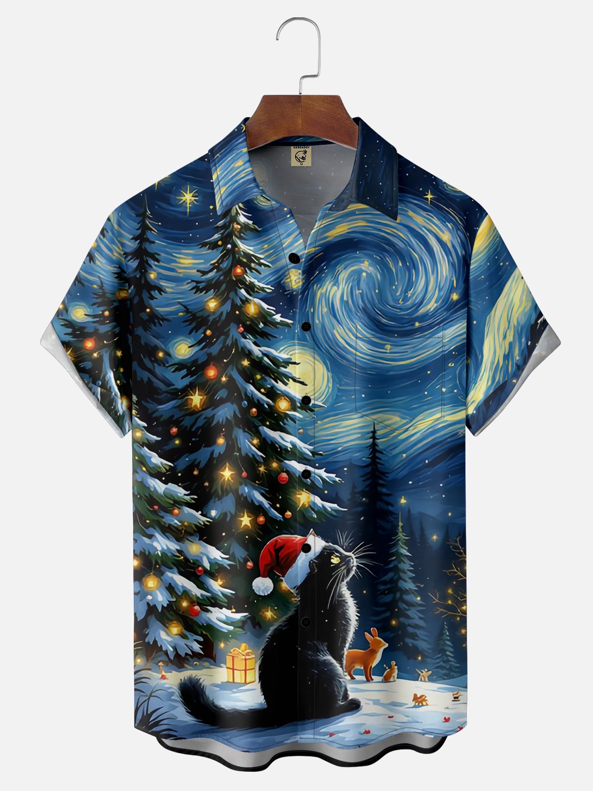 Moisture-wicking Christmas Starry Night Cat Chest Pocket Casual Shirt