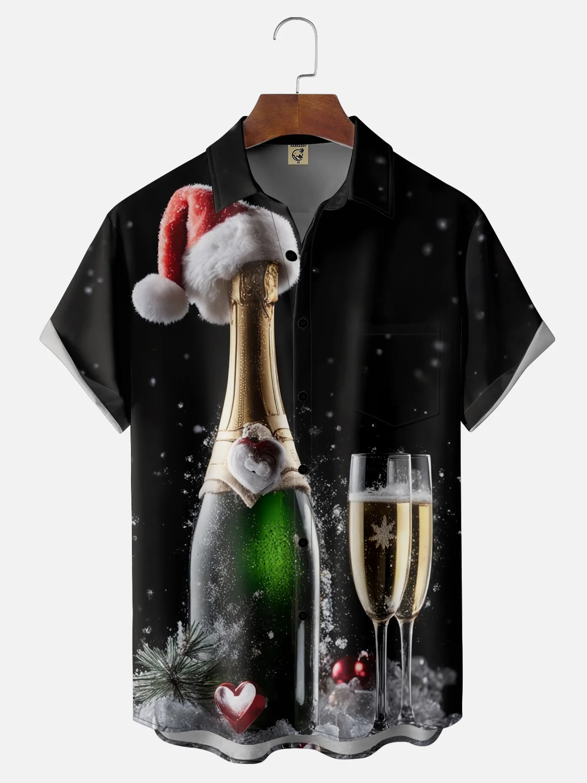 Moisture-wicking Christmas Champagne New Year Celebration Chest Pocket Casual Shirt