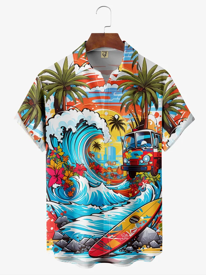 Tall Size Moisture-wicking Surfing Hippie Chest Pocket Hawaiian Shirt