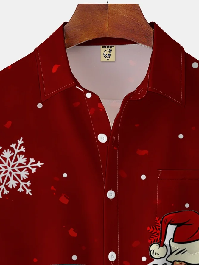 Tall Size Moisture-wicking Christmas Santa Claus Chest Pocket Casual Shirt