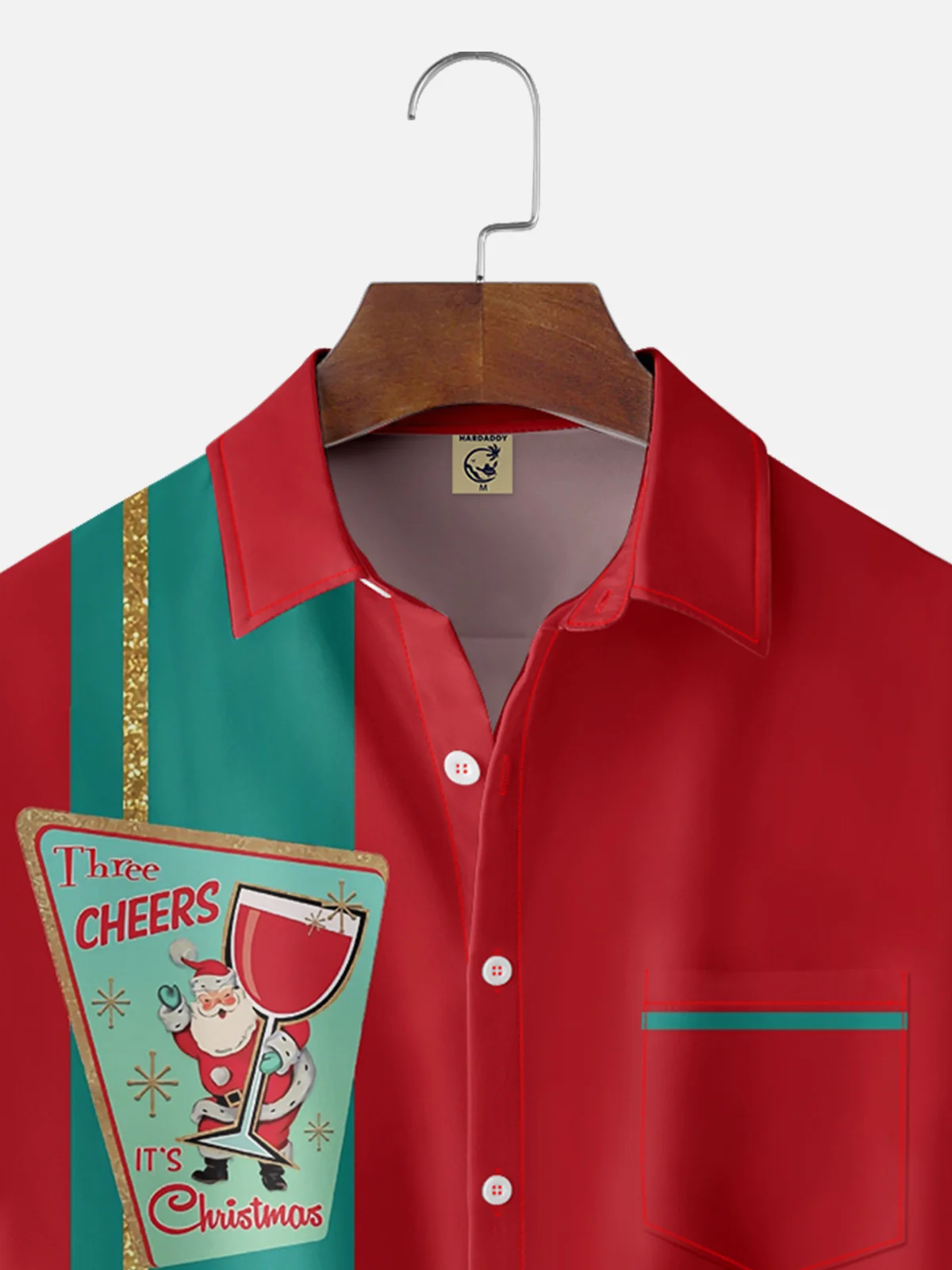 Moisture-wicking Christmas Santa Cocktail Chest Pocket Bowling Shirts