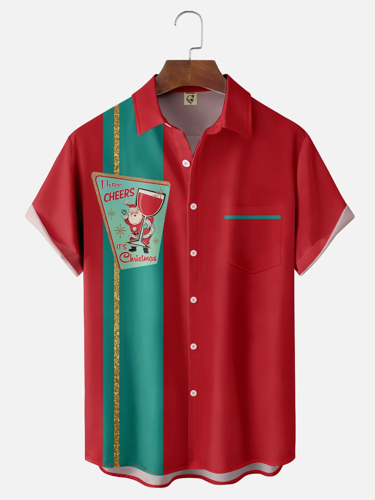 Moisture-wicking Christmas Santa Cocktail Chest Pocket Bowling Shirts