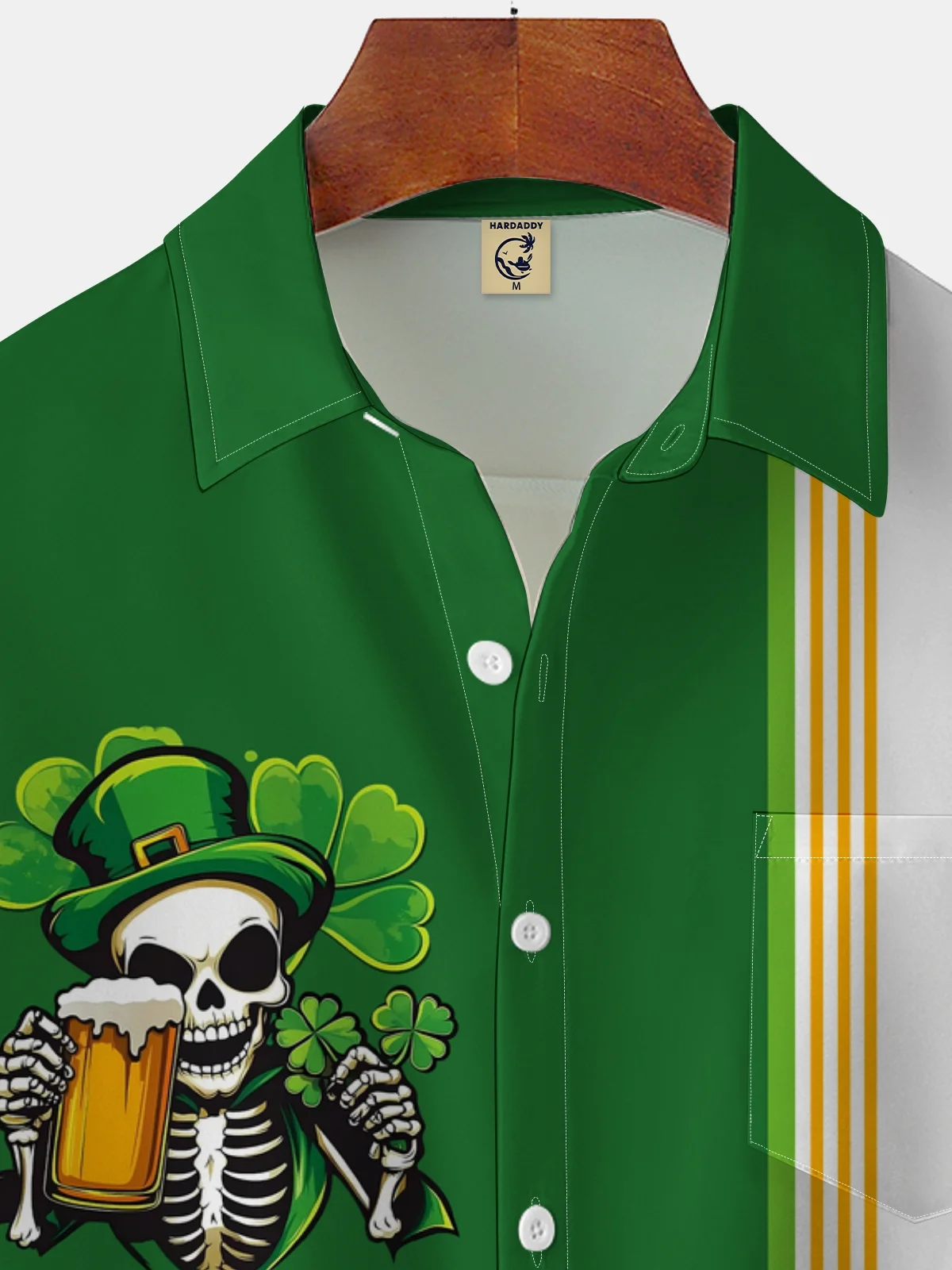 Moisture-wicking Saint Patrick‘s Day Shamrock Chest Pocket Bowling Shirt