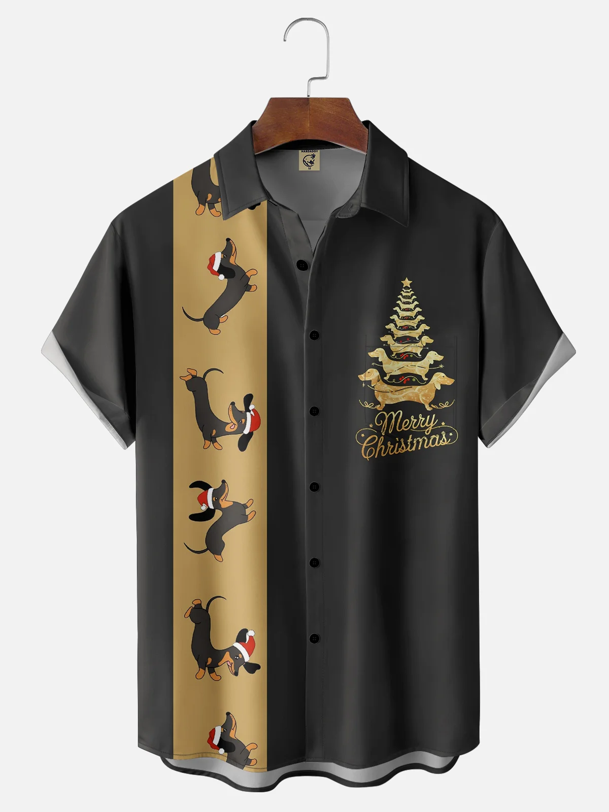 Moisture-wicking Christmas Dachshund Chest Pocket Bowling Shirt